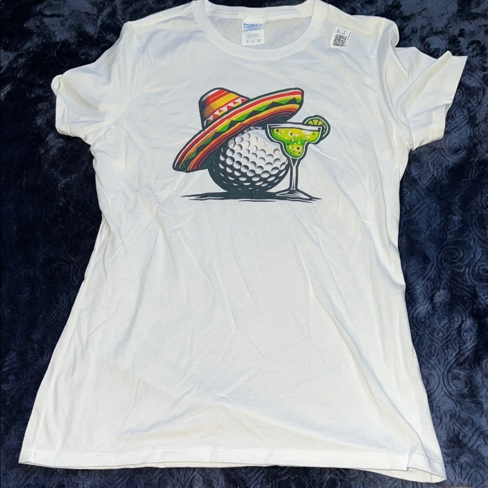 Golf Ball Sombrero and Margarita Design White Ladies Tshirt (Ladies S)